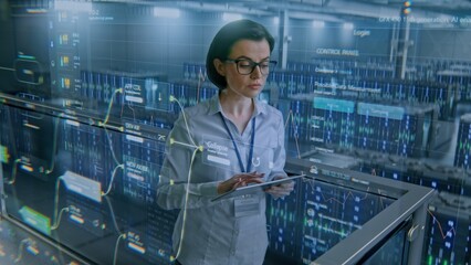Futuristic Big Data Center with VFX: Female Specialist Using Tablet Computer. Animated Charts of Cloud Computing and Internet Traffic on Servers. Information Technology, Digitalization. Medium Shot.