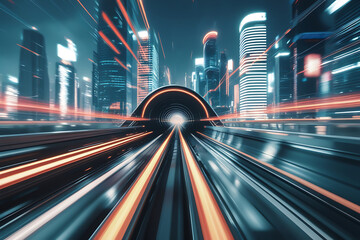 3D Rendering of warp speed in hyper loop with blur light from buildings' lights in mega city at night. Concept of next generation technology, fin tech, big data, 5g fast network, machine learning