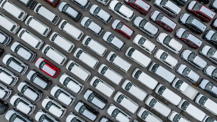 Aerial view new cars global business logistic import export transportation, New cars dealer inventory import export business logistic, New cars parking for sale automobile automotive industry business