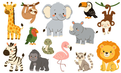 Flat style illustration of cute jungle animals including zebra, lion, elephant, giraffe, monkey, flamingo, rhinoceros, parrot, lemur, gorilla, sloth, toucan, and snake