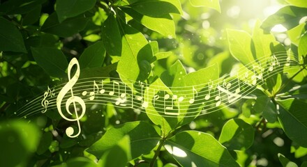 Music Notes Over Green Leaves