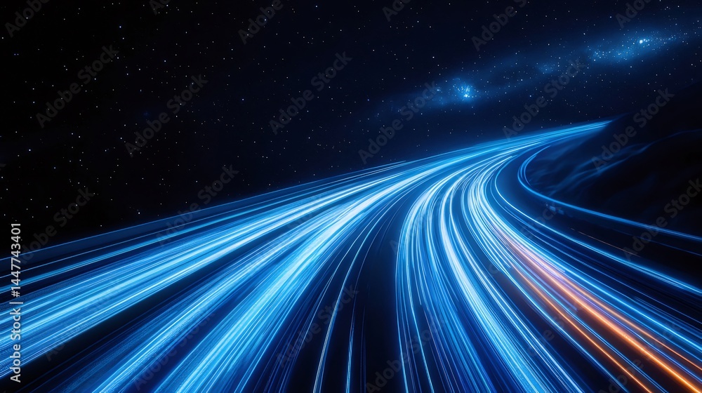 Poster 青い光の軌跡が夜空に描く未来的な道筋 抽象的なデザインと宇宙空間の背景