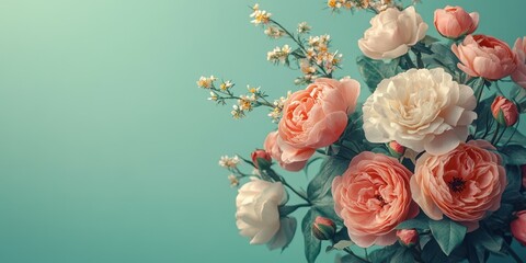 Beautiful arrangement of pastel roses and blossoms against a soft teal background for spring decoration