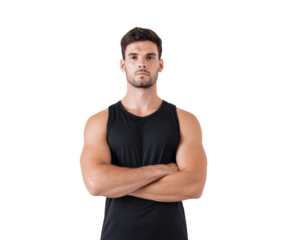 Confident young man in black tank top with crossed arms