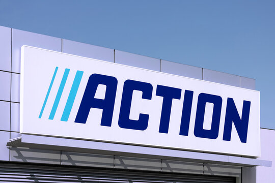 Nowy Tomysl, Poland - April 16, 2025: Action logo on a store - Action is a Dutch international discount stores chain.