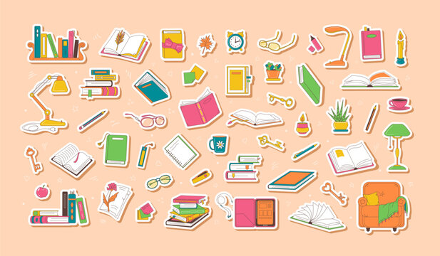 Books and stationery, interior items, all reading related stickers. Trendy cartoon object set