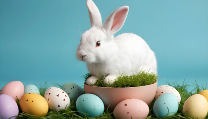 귀여운 부활절 흰색 토끼와 계란