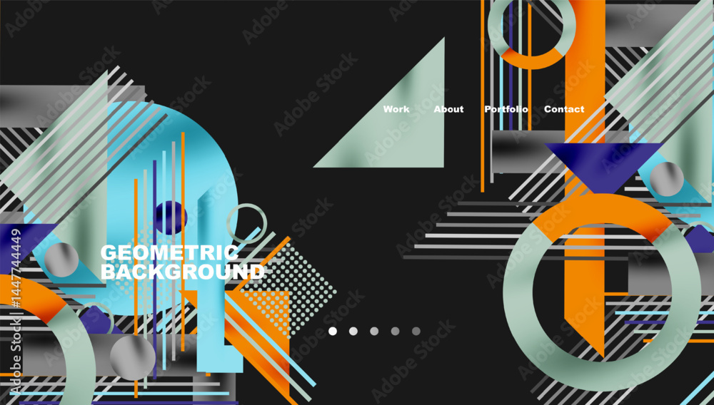 Aufkleber Abstract geometric design. Blue, orange, gray shapes overlap. Minimalist style with text elements for navigation. Modern aesthetic.