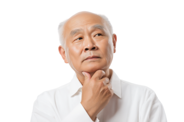 Thoughtful senior male with contemplative expression isolated on white transparent background