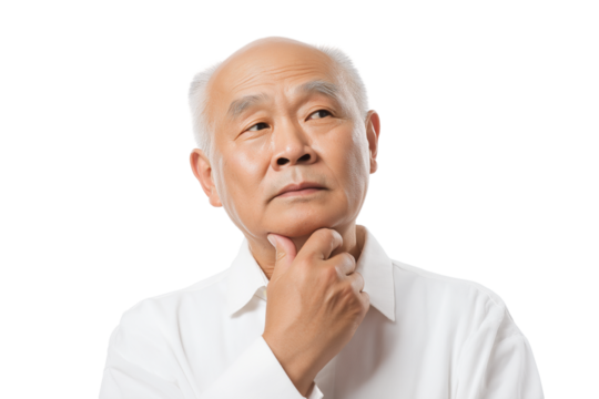 Thoughtful senior male with contemplative expression isolated on white transparent background