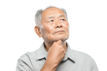 thoughtful senior man looking upwards with his hand on his chin isolated on white transparent background