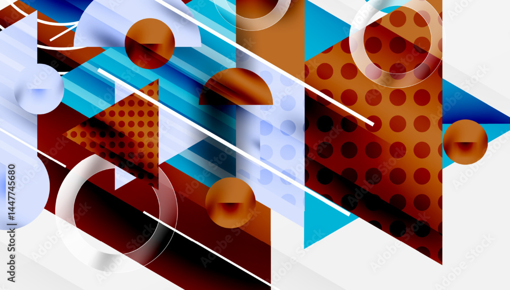Poster Abstract geometric composition. Shapes overlap, creating dynamic visual effect. Brown, blue, white dominate palette. Modern design.