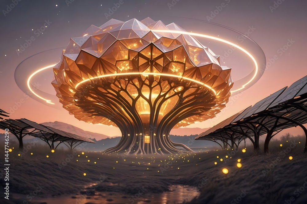 Poster 黄金色の球体構造と木のようなデザインの太陽光発電システム 晩秋の風景 夜明けの光景