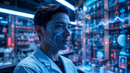 Futuristic depiction of a scientist with digital genetic data and molecular structures projected in a high-tech lab