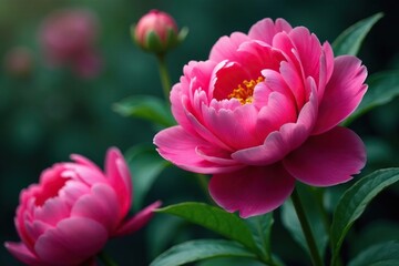 Bold peony blooms, lush green leaves, damask style , leaf, background