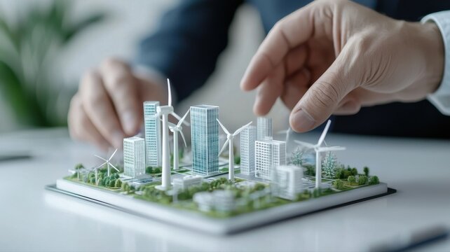Sustainable City Model and Hands: Eco-Friendly Urban Planning city model sustainable city hands city