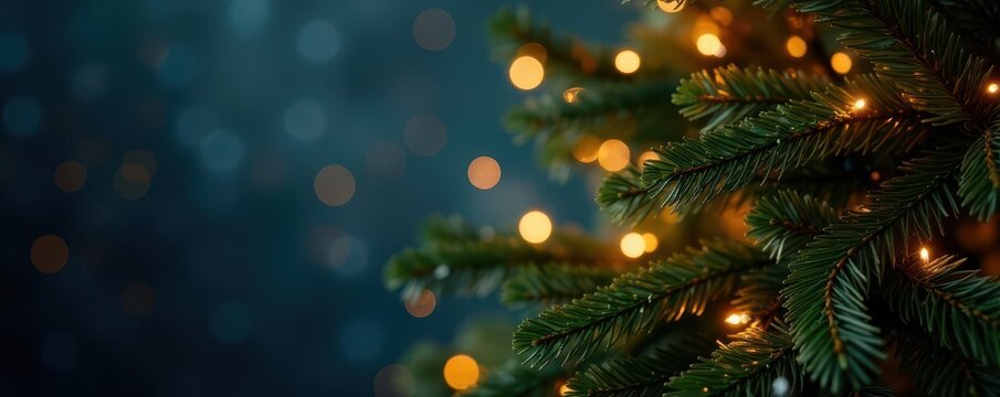 Subtle fairy light strands weaving through a Christmas tree's boughs ,  holiday lights,  cozy