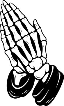 Praying Skeleton Hands Vector Illustration &ndash; Gothic Black and White Tattoo Style, Draped Bone Hands in Prayer Pose with Fabric Sleeves, Dark Spiritual Art, Transparent Background