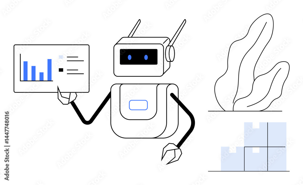 Poster robot holding data dashboard with charts, surrounded by abstract plant and stacked boxes. ideal for 