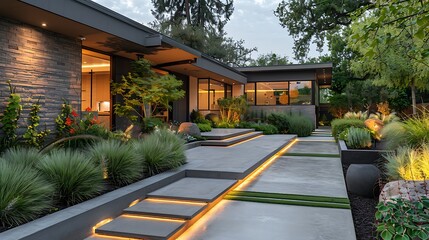 Minimalist landscaping with sleek path design lighting high resolution photo