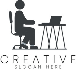 Simple Minimalist Person Working Laptop Desk Design Icon job neat logo gray flat chair table clean  