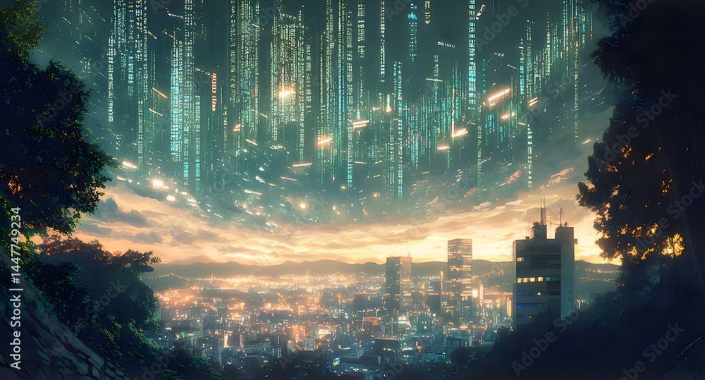 Poster 未来的な都市の夜景 輝く光と建物のシルエット 夕焼け空と自然の調和