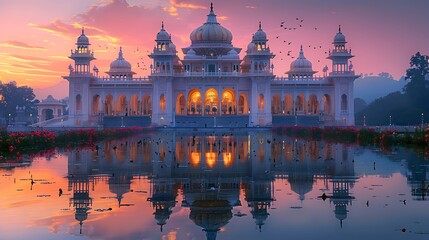 Obraz premium Ornate palace in misty morning light with colorful sky and lake reflections high resolution photo