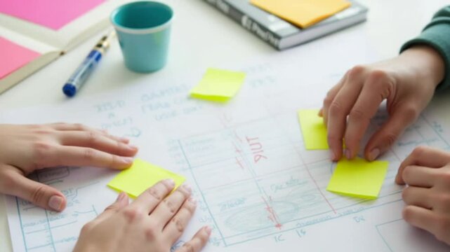 Team Working on Task Board with Sticky Notes - Creative Team Planning with Sticky Notes and Diagrams