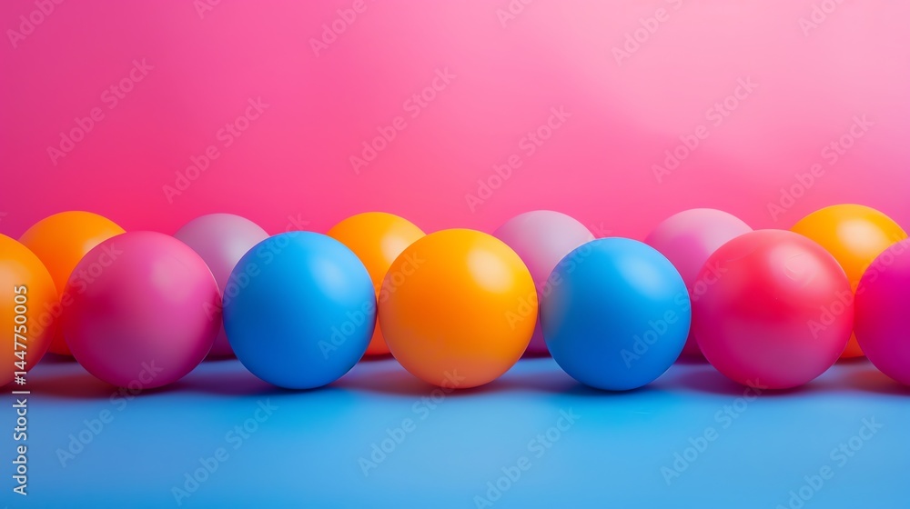 Aufkleber 3d rendering of a colorful set of balls on a blue surface with a pink background. the balls are arra
