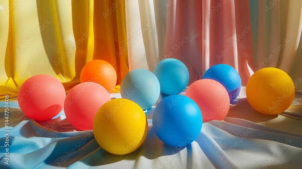 Poster 3d rendering of a colorful balloons laying on the ground with a beautiful curtain in the background.