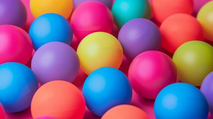 Colorful balls of various sizes are arranged in a random pattern on a pink background.