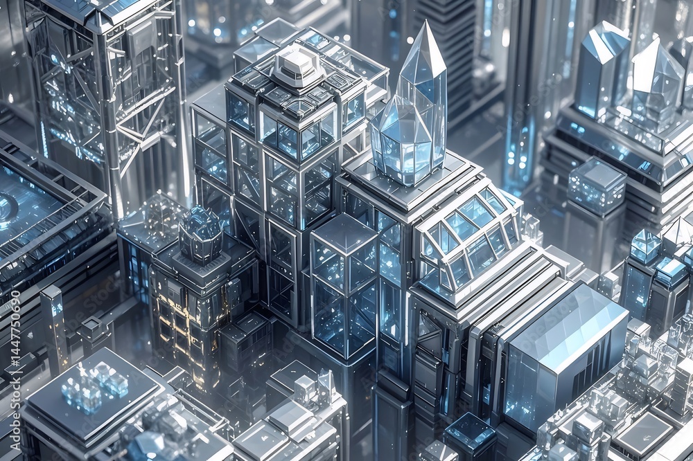Aufkleber 近未来都市の壮大な風景 青色と白の幾何学的な建物が光の中で輝く3dレンダリング