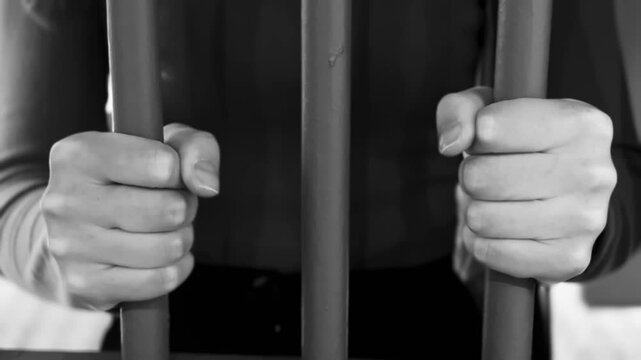 Hands grip prison bars tightly, tension and confinement. Black and white, imprisonment. Restriction and loss of freedom. Punishment, and incarceration concept.