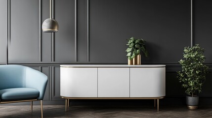Modern living room with armchair, cabinet, and plants. Interior design. Possible use Home decor stock photo
