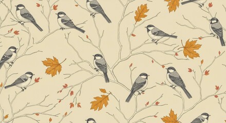 Birds on Branches with Autumn Leaves Pattern