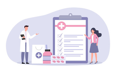 Hospital staffs standing with health insurance document and medicine. Health care Concept.