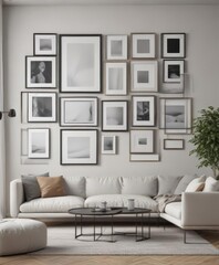 Minimalist living room, gallery wall of empty frames, modern art,  sizes,  chic