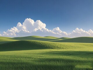 Fototapeta premium A serene landscape featuring rolling green hills under a clear blue sky with fluffy white clouds.