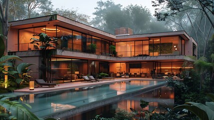 Fototapeta premium Serene jungle retreat house with modern architecture and private pool at dusk high resolution photo