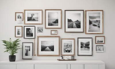 Fototapeta premium Modern photo frame gallery wall, various sizes and styles on white , decor, picture display, interior design