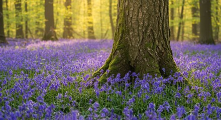 Bluebell Field with Tree Trunk in Forest