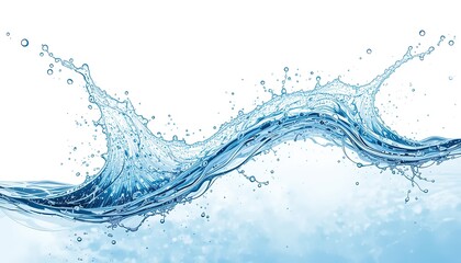 High-speed water splash with crystal-clear droplets on white background, showcasing liquid motion, dynamic flow, fluid curves, and blue tones in professional studio lighting for clean visual impact. 