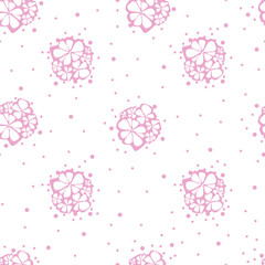 Cute bouquets of flowers on a polka dot background. Seamless vector monochrome pink pattern on a white background.