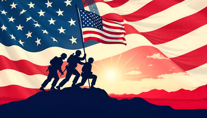 Raising the American flag on Iwo Jima, 4th of July  Promotional advertising banner template for background, Poster, or Banner. Vector illustration.