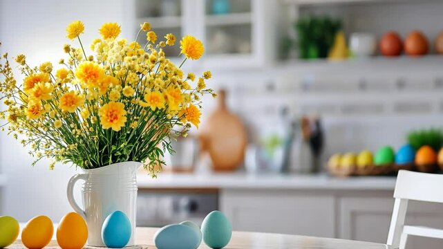 Vibrant spring bouquet in sunny kitchen with colorful eggs