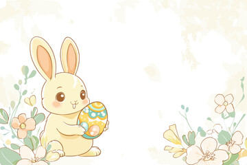 A cute bunny holds a colorful egg among pastel flowers.