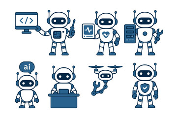 Essential tech support bot icons set – ai, programming, monitoring, repair, automation