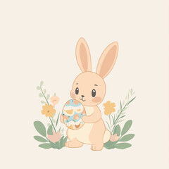 A cute bunny holds a colorful egg among pastel flowers.