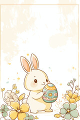 A cute bunny holds a colorful egg among pastel flowers.