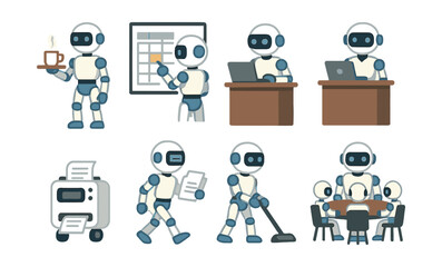 Office robot assistants icons set – tasks, meeting, coffee, computer, document, cleaning